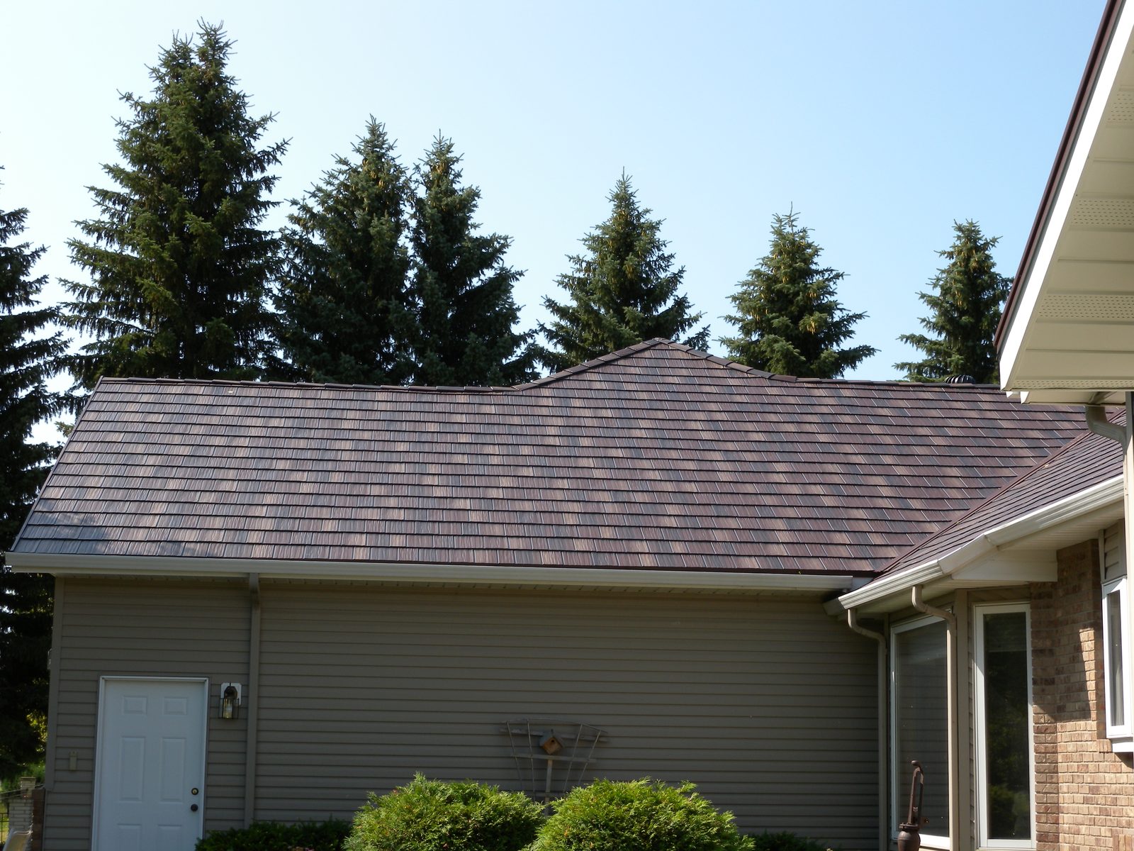 A brown steel shake roof over a garage wing, with tall spruces rising directly behind it.